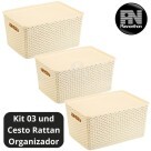 KIT 3 CAIXAS ORGANIZADORAS COM TAMPA GRANDE 15 LITROS RATTAN CREME PLASNORTHON